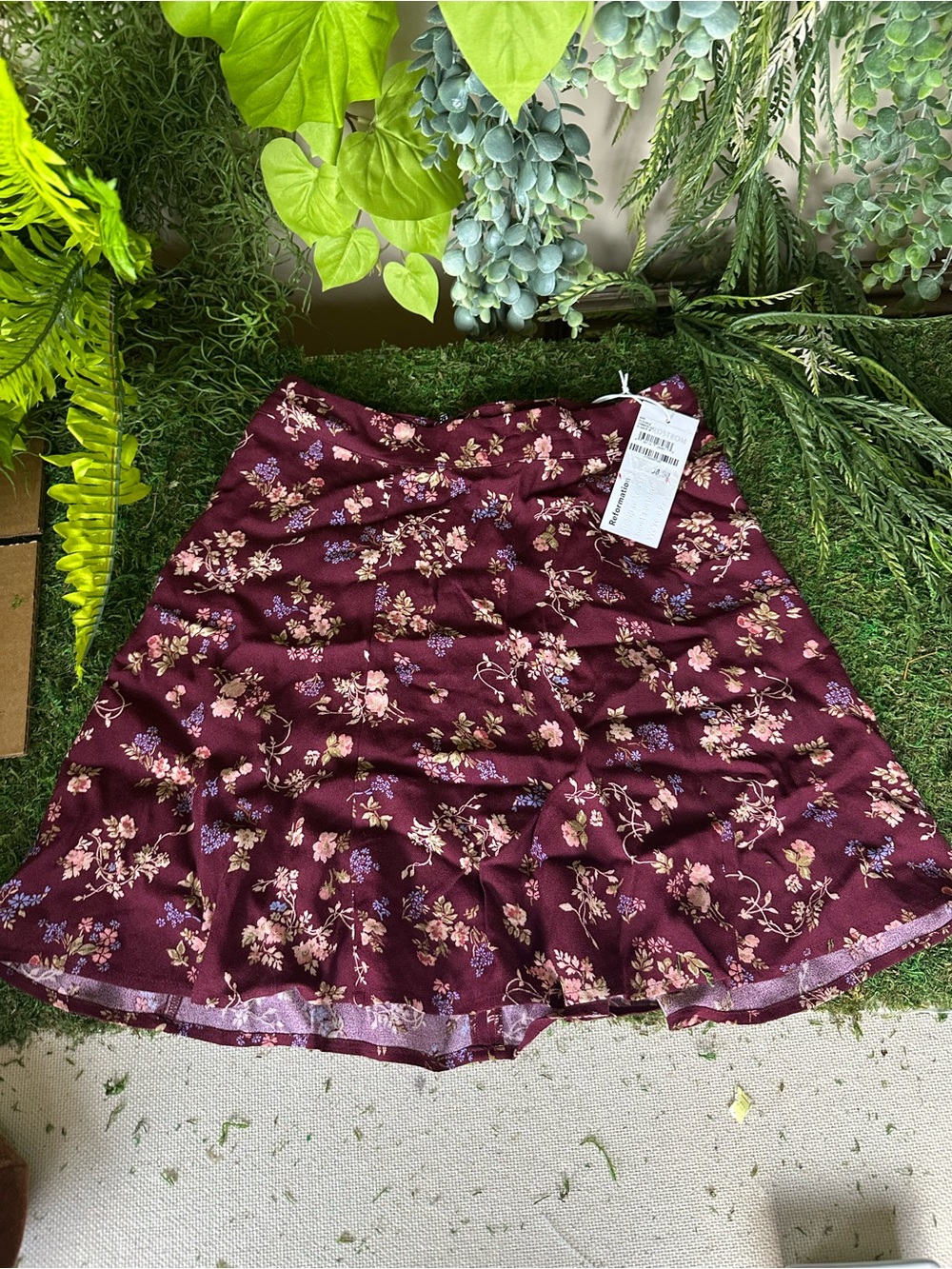 Reformation Burgundy Floral A-Line Skirt